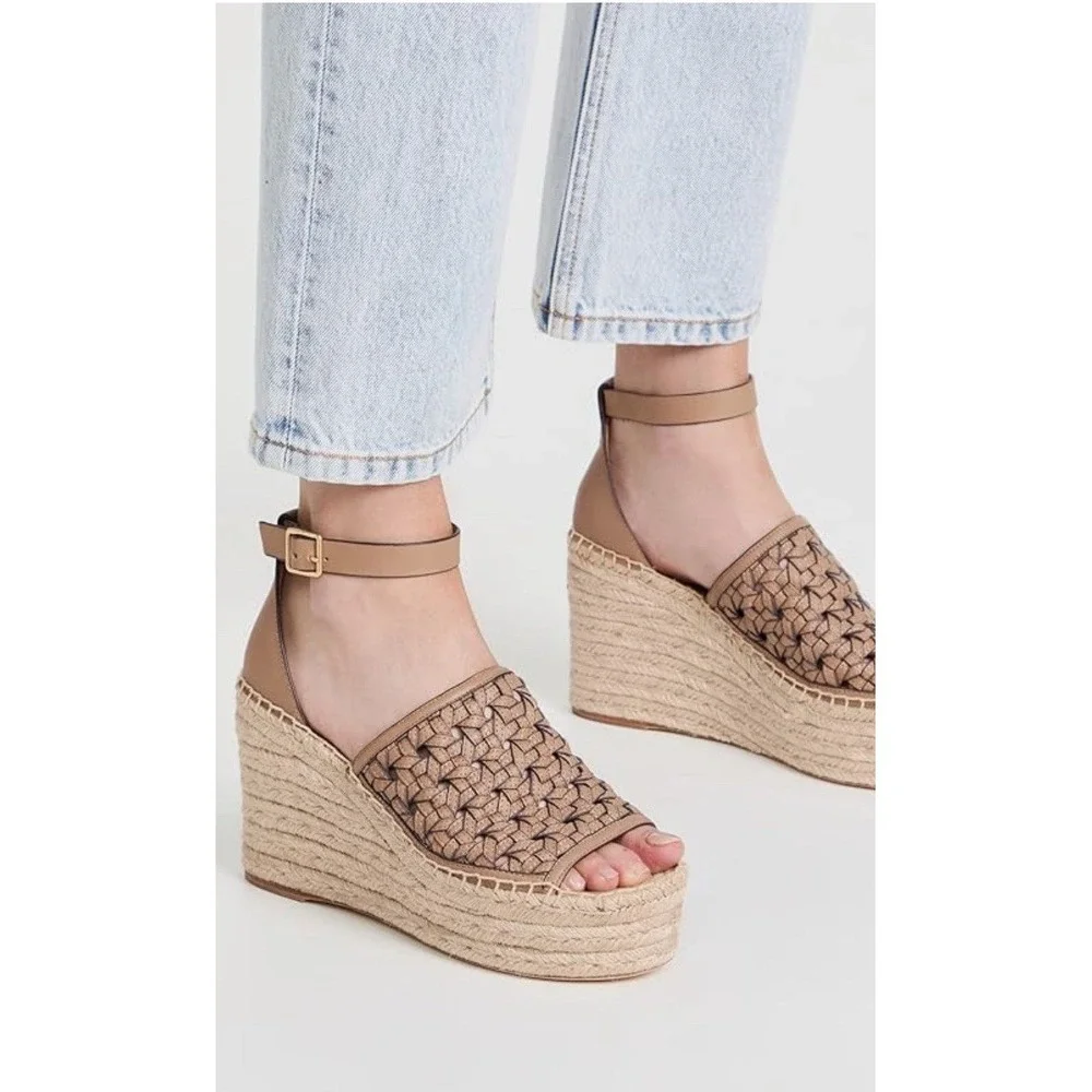 Tory Burch Basketweave‎ Espadrille Wedge Platform Sandal Sz-8 Almond Flour $348